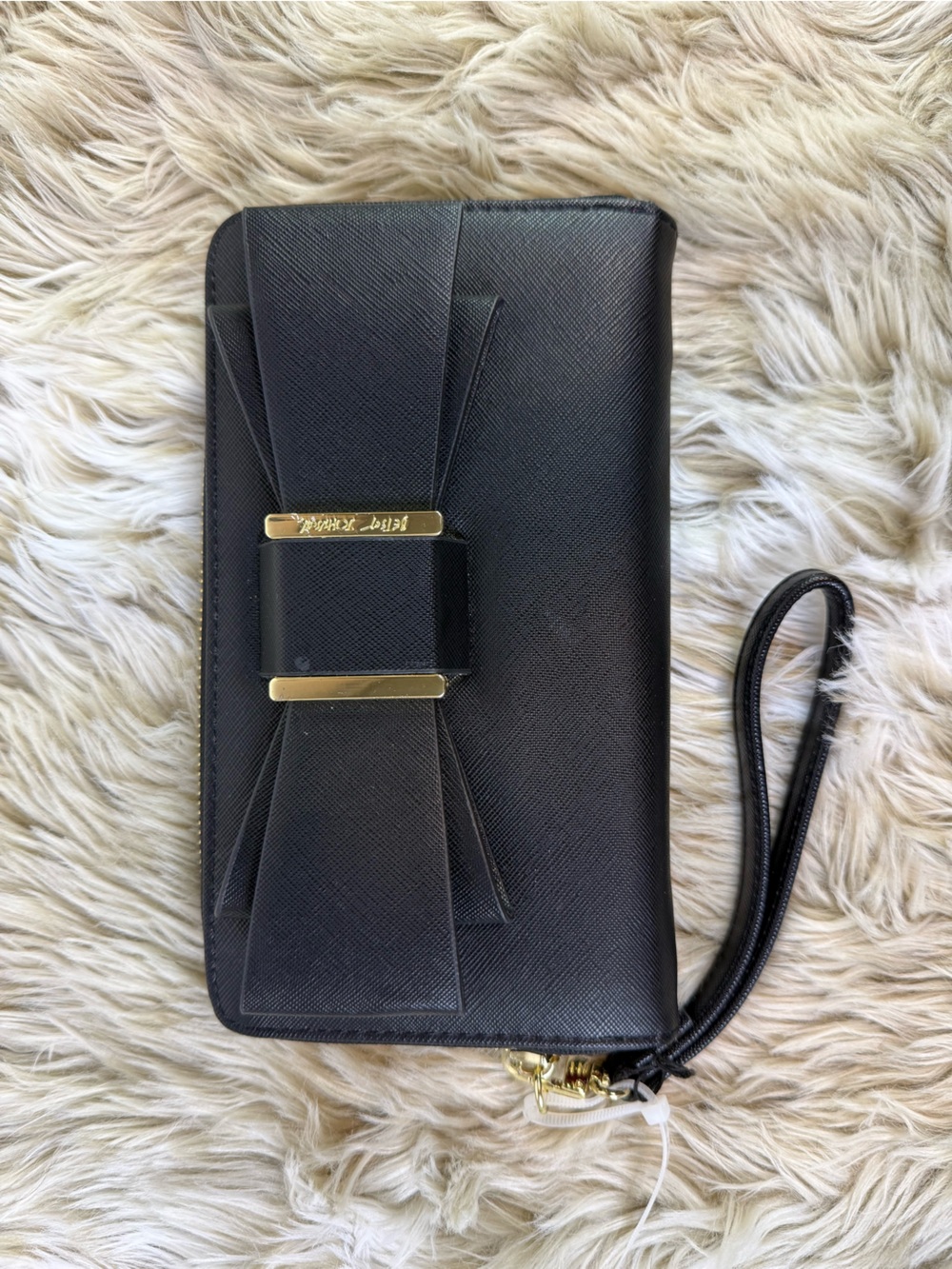 Betsey Johnson Black Bow Zip Around Wristlet Wallet Hot Pink Interior NWOT